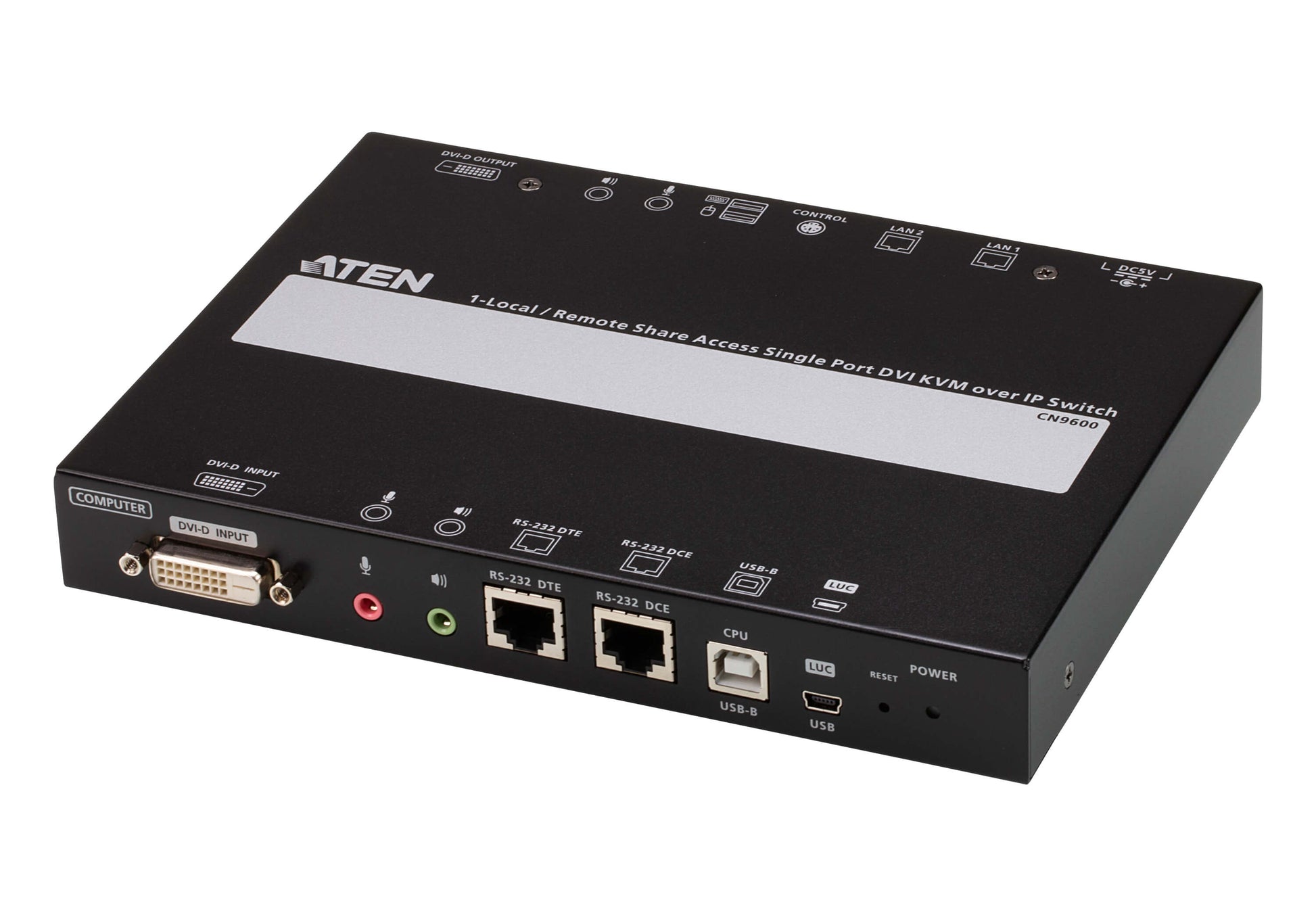 Aten Single Port DVI KVM Over IP with Audio and Virtual Media, supports up to 1920 x 1200 @ 60Hz, 1 DVI USB KVM Cable included, Dual RS232 serial port, CN9600-AT-U