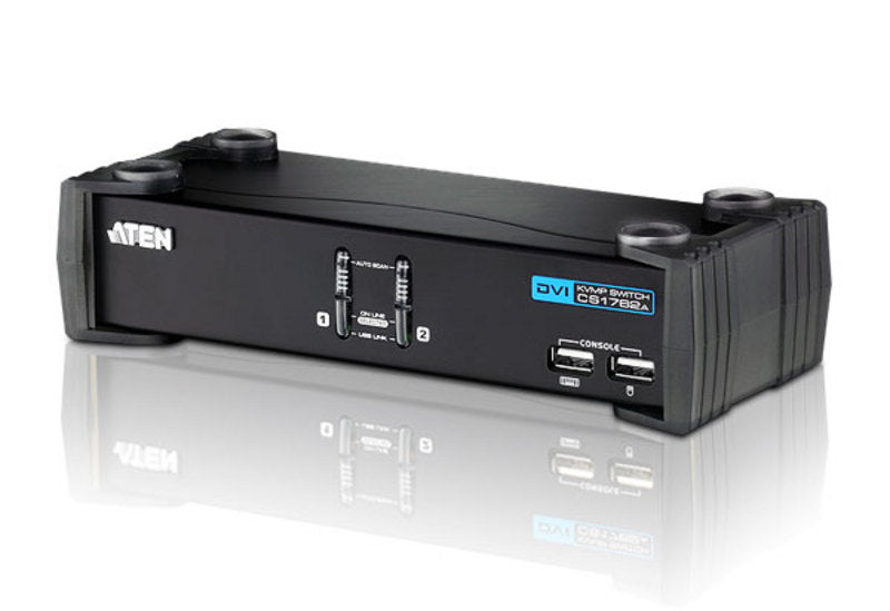 Aten Desktop KVMP Switch 2 Port Single Display DVI w/ audio, 2x Custom KVM Cables Included, 2x USB Port, Selection Via Front Panel, CS1762A-AT-U