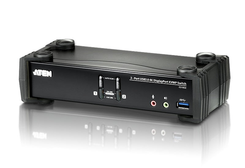 Aten Desktop KVMP Switch 2 Port Single Display 4k DisplayPort w/ audio, Cables Included, 2x USB Port, Selection Via Front Panel, CS1922-AT-U