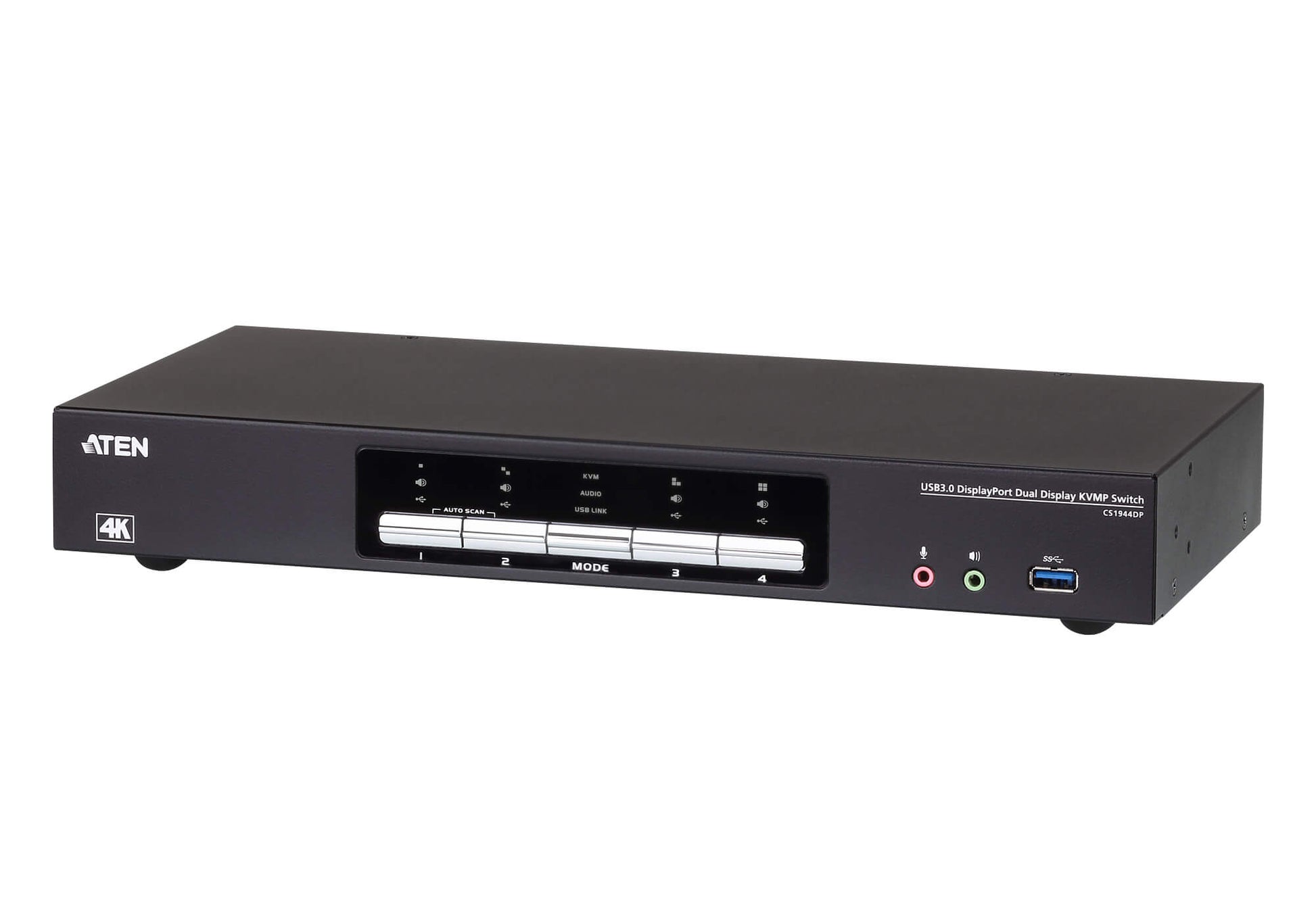 Aten Desktop KVMP Switch 4 Port Dual Display 4k DisplayPort w/ audio, Cables Included, 2x USB Port, Selection Via Front Panel, CS1944DP-AT-U