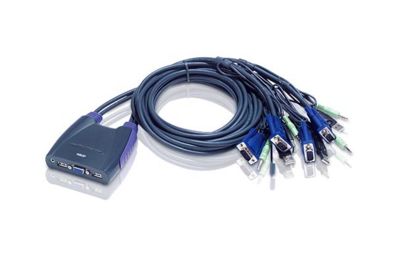Aten Compact KVM Switch 4 Port Single Display VGA w/ audio, 1.8m Cable, Computer Selection Via Hotkey,, CS64UZ-AT