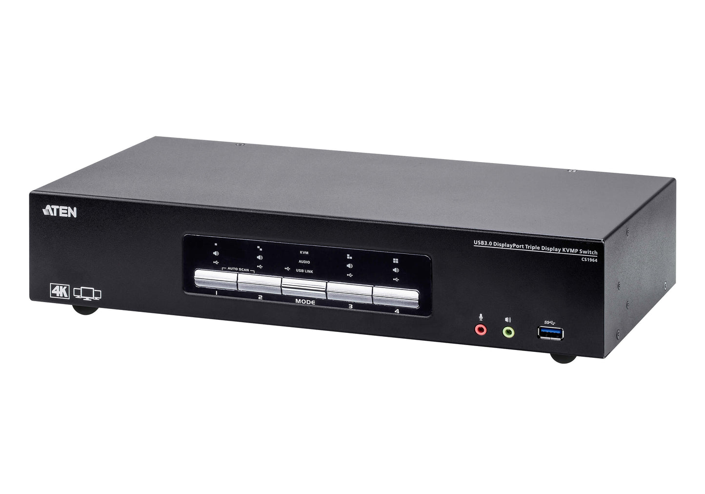 Aten Desktop KVMP Switch 4 Port Triple Display 4k DisplayPort w/ audio, Cables Included, 2x USB Port, Selection Via Front Panel, CS1964-AT-U