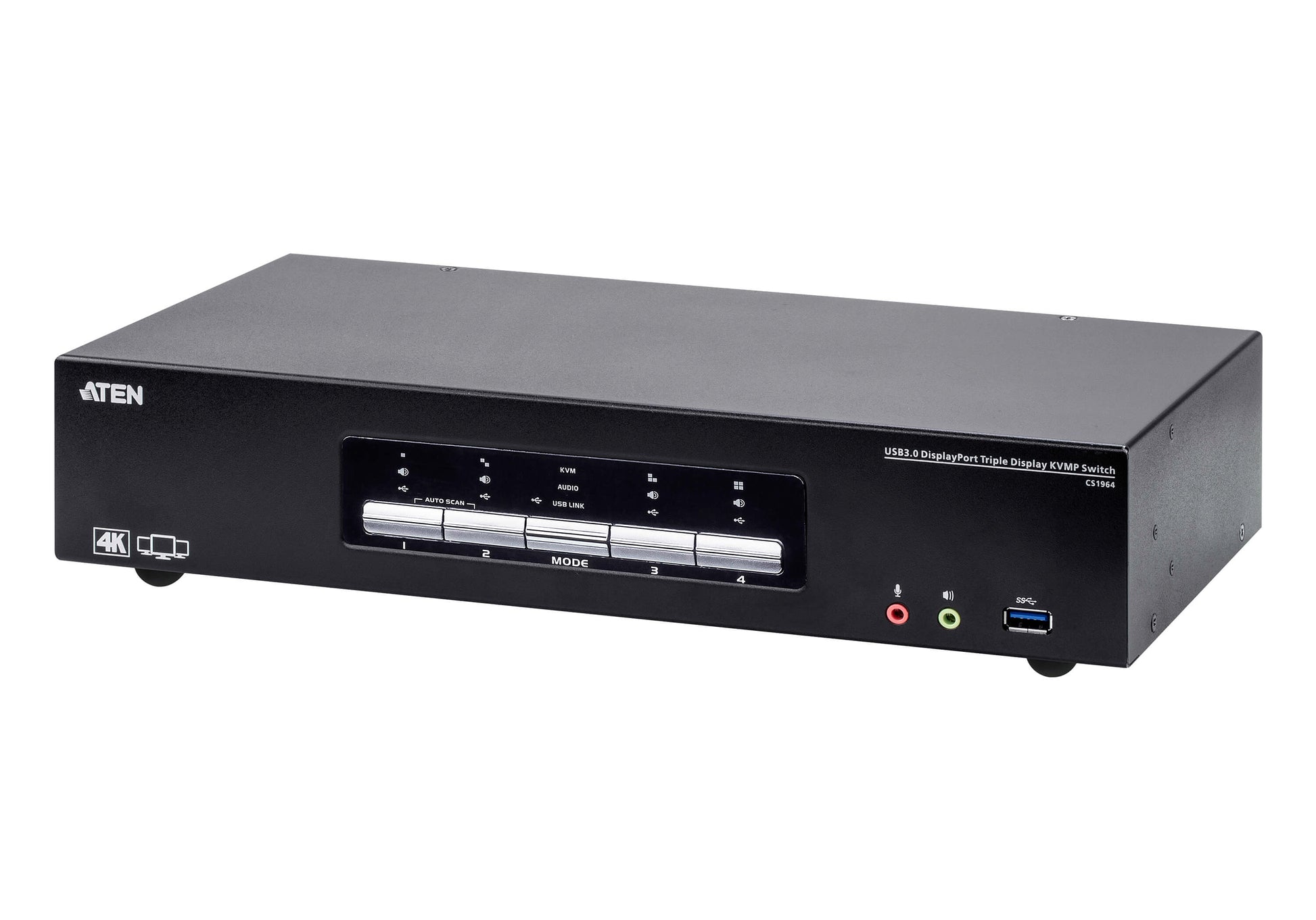 Aten Desktop KVMP Switch 4 Port Triple Display 4k DisplayPort w/ audio, Cables Included, 2x USB Port, Selection Via Front Panel, CS1964-AT-U
