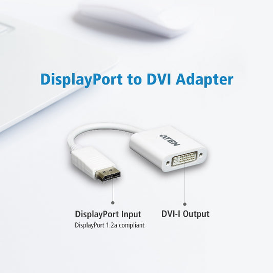 Aten DisplayPort to DVI Adapter, Converts DisplayPort signals to DVI output, DisplayPort 1.2 a compliant, Supports VGA, SVGA, XGA,, VC965-AT