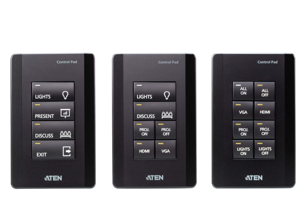 Aten 8 Button Control Pad in black color with 1 Gang US wall plate, 2 RS232, 2 relay, 1 Digital I/O and Ethernet connection support, 14 button layouts, VK01001-AT