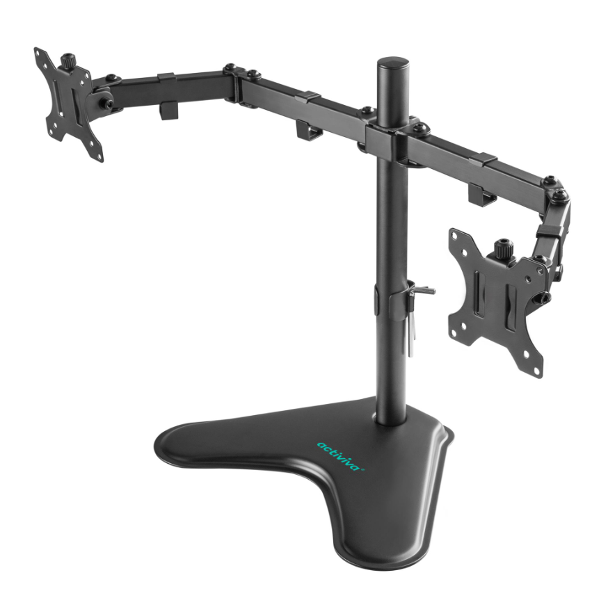 mbeat activiva Dual-Screen Articulating Monitor Arm with Free-Standing Desktop Base provides the perfect solution for ergonomic comfort and workspace, ACA-BMA-DFS01K