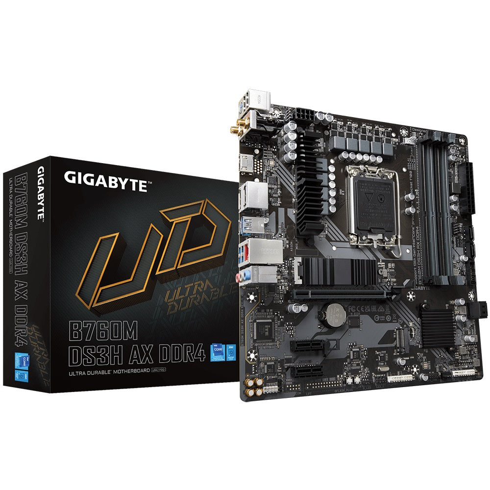 Gigabyte B760M DS3H AX DDR4 Intel LGA 1700 m-ATX Motherboard, 4x DDR4 ~128GB, 1x PCI-E x16, 1x PCI-E x1, 2x M.2, 4x SATA, 3x USB 3.2, 2x USB 2.0, 1x T, GA-B760M DS3H AX DDR4
