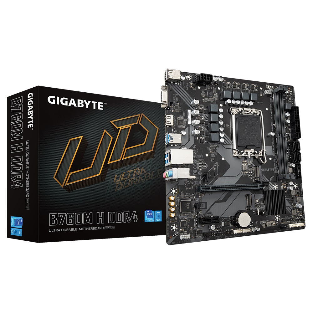 Gigabyte B760M H DDR4 Intel LGA 1700 m-ATX Motherboard, 2x DDR4 ~64GB, 1x PCI-E x16, 2x M.2, 4x SATA, 3x USB 3.2, 2x USB 2.0