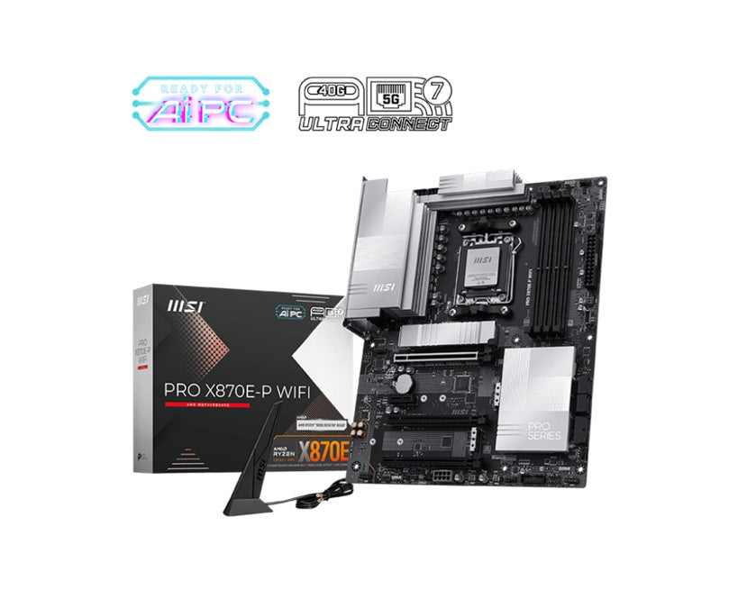MSI PRO X870E-P WIFI, AM5, X870E, Ryzen 7000-9000, DDR5-8200+, PCIe5 x16, M.2 Gen5, WiFi7, BT5.4, 5G LAN, USB4, Audio7.1