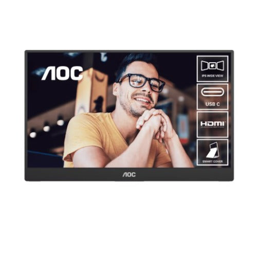 AOC 15.6inch FHD IPS 1920x1080 16:9, 800:1 Contrast 230 Nits 2x USB-C 1x Mini HDMI 2.0 1Wx2 Speakers Foldable Smart Cover VESA Mount Portable Monitor, 16T20