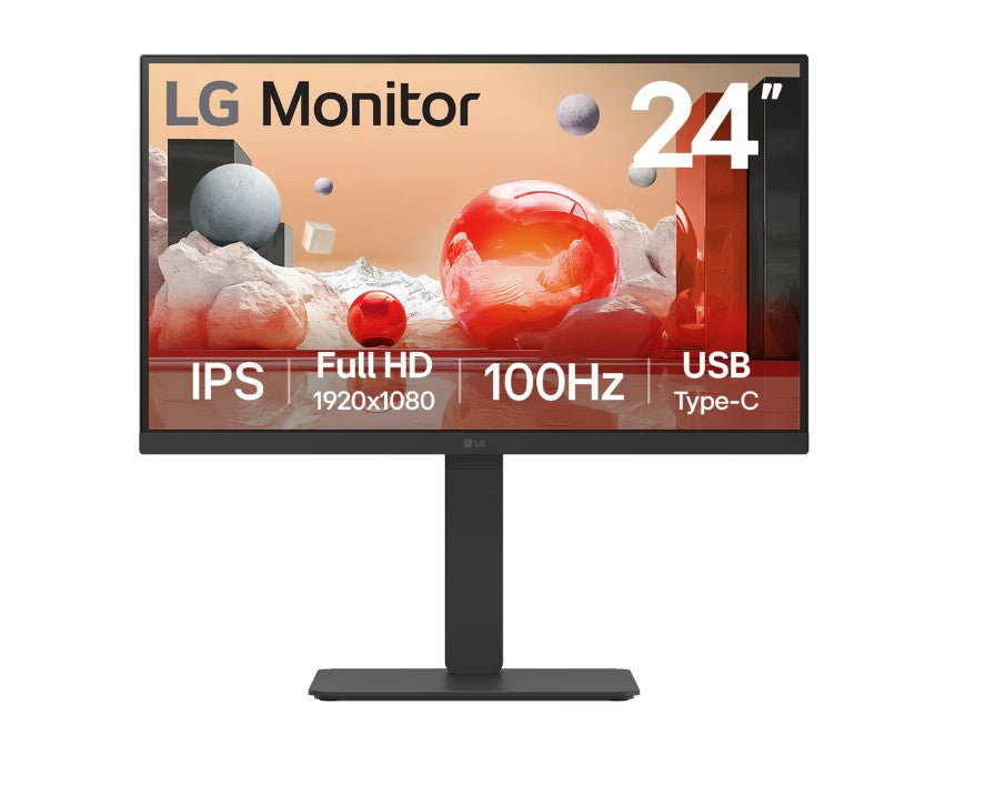 LG 24' IPS FHD 1920 x 1080, USB Type-C 65wPD, RJ45 100Hz 5ms, AMD FreeSync 16:9 Tilt/Height/Swivel/Pivot (Bi-direction) adjustable stand, 3yrs Monitor, 24BA750-B