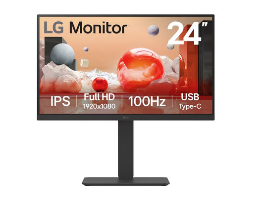 LG 24' IPS FHD 1920 x 1080, USB Type-C 65wPD, RJ45 100Hz 5ms, AMD FreeSync 16:9 Tilt/Height/Swivel/Pivot (Bi-direction) adjustable stand, 3yrs Monitor, 24BA750-B