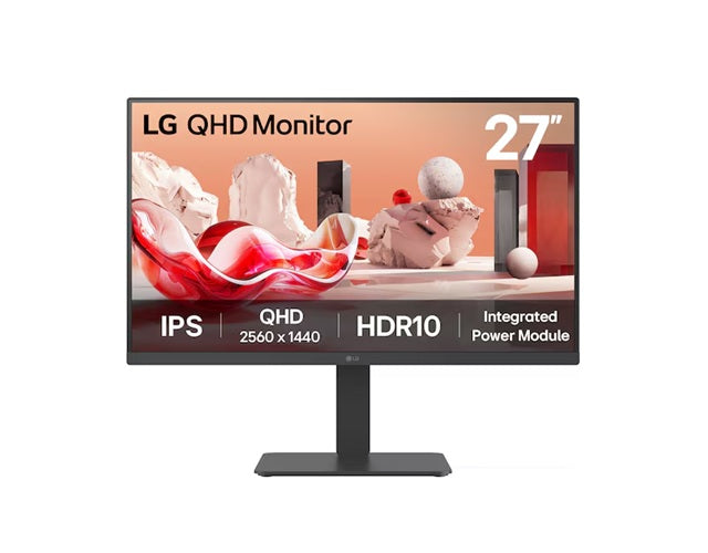 LG 27' QHD IPS Monitor, 2560x1440, HDR10, 99% sRGB, 75 Hz, integrated power, adjustable stand (tilt/height/swivel/pivot), Flicker Safe & Reader Mode, 27BA45QB-B.AAU