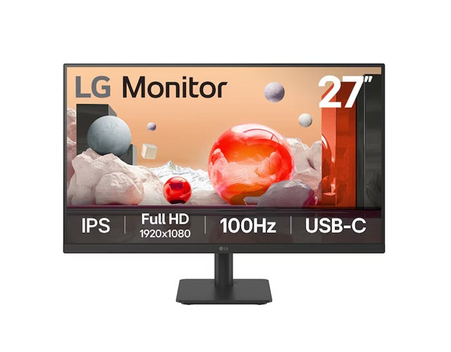 LG 27' IPS Full HD Monitor with 100Hz refresh rate, USB-C (65W PD), 3-side borderless design, Reader Mode, Flicker Safe, and tilt-adjustable stand, 27MS530B-B.AAU