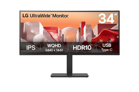 LG 34' UltraWide QHD Curved IPS Monitor with HDR10, sRGB 99%, USB-C PD 90W, RJ45, built-in speakers, and tilt/height/swivel adjustable stand, 34BA75QE-B