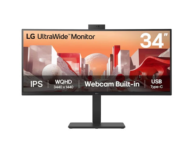 LG 34' UltraWide QHD Curved IPS Monitor with 3440x1440 resolution, sRGB 99%, HDR10, USB-C PD 90W, FHD webcam, mic, speakers & adjustable stand, 34BA85QE-B