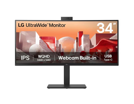 LG 34' UltraWide QHD Curved IPS Monitor with 3440x1440 resolution, sRGB 99%, HDR10, USB-C PD 90W, FHD webcam, mic, speakers & adjustable stand, 34BA85QE-B
