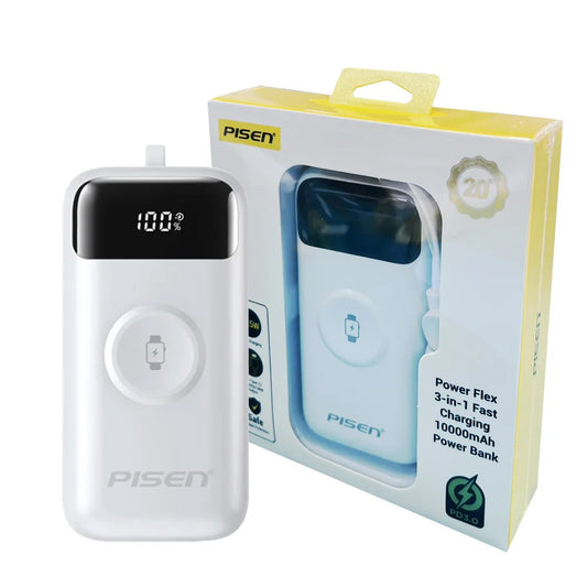 Pisen Flex 22.5W CCC-Certified 10K (10000mAh) Power Bank + Integrated Cable (Lightning + USB-C) + Watch Wireles Charging - White, 2 Years Warranty