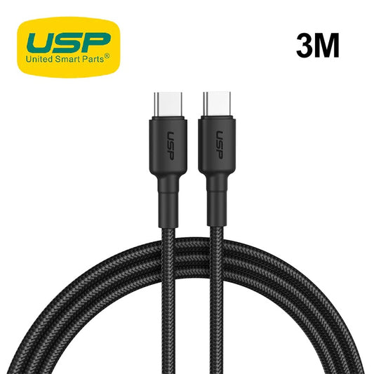 USP BoostUp Cafule Braided USB-C to USB-C Cable (3M) Black - 3A, Strong & Durable, Bend-resistant, Nylon Braid, USB-C Compatibility, 2 Years Warranty