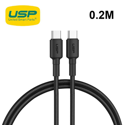 USP BoostUp Braided USB-C to USB-C Cable (0.2M) Black-3A/60W, Fast & Safe Charge,Samsung Galaxy,Apple iPhone,iPad,MacBook,Google,OPPO,2 Years Warranty
