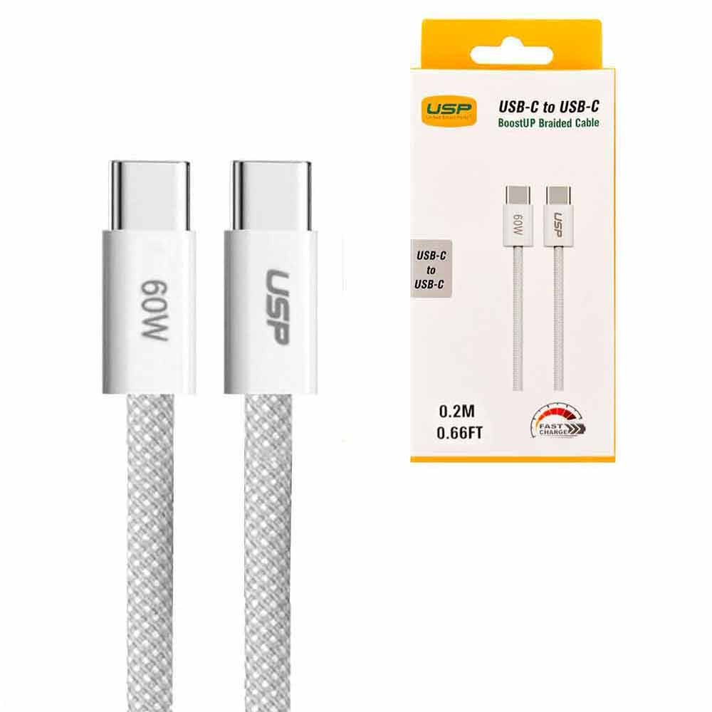 USP BoostUp Braided USB-C to USB-C Cable (0.2M) - White, 3A/60W, 480Mbps, 40K+ Bends, Safe & Fast, Apple iPhone, Samsung Galaxy, 2 Years Warranty