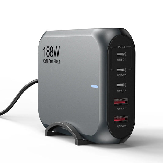 USP 188W GaN 5 Ports USB-C PD Laptop Wall Charger Black - 3x USB-C, 2x USB-A, Efficiently, High Quality, Tablet, Laptop, iPhone, 2 Years Warranty