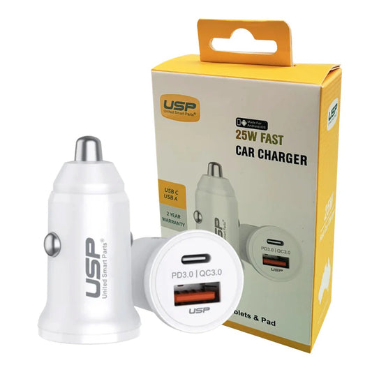 USP 43W Dual Port Fast Car Charger - White, 1xUSB-C(25W), 1xUSB-A(18W QC 3.0), Compact & Lightweight, 2 Years Warranty