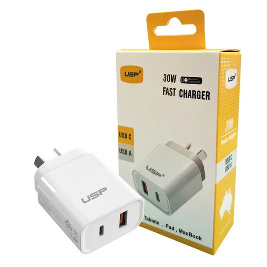 USP 30W Dual Port Fast Wall Charger - White, 1xUSB-C(30W PD), 1xUSB-A(18W QC 3.0), Compact and Lightweight, 2 Years Warranty