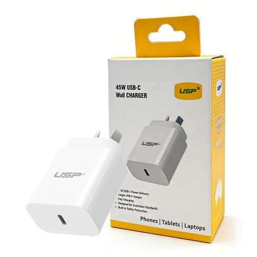 USP 45W GaN Single USB-C PD Power Adapter - White, Compact Design, Smart and Reliable, Built-in Safety Protection, 3 Years Warranty