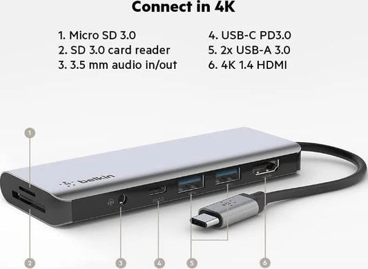 Belkin Connect USB-C 7-in-1 Multiport Hub Adapter - Space Grey (AVC009btSGY), 100W PD, 5 Gbps, 1x 4K HDMI, 2x USB-A, 1x USB-C, 1x SD, 2 Years Warranty