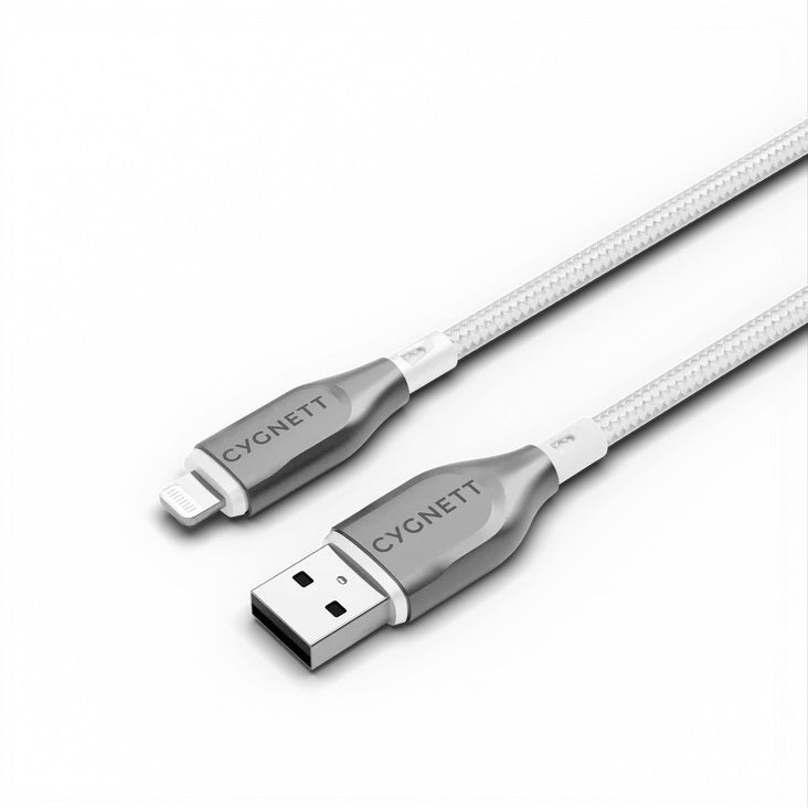 Cygnett Armoured Braided Lightning to USB-A (2.0) (2M) Cable - White (CY4661PCCAL), 2.5A/12W, 480Mbps, Turbo Charge, Apple iPhone, 5 Years Warranty