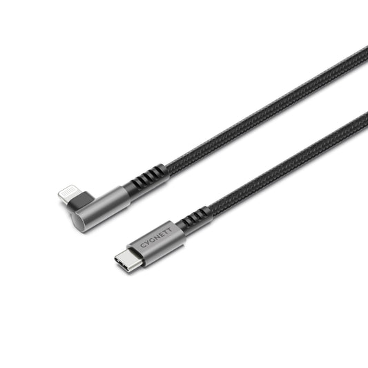 Cygnett Unite Right-Angle Lightning to USB C Cable (1M) - Black (CY5102PCCCL), 30W, Double Braided, 480Mbps Transfer, Fast Charge, 2 Years Warranty