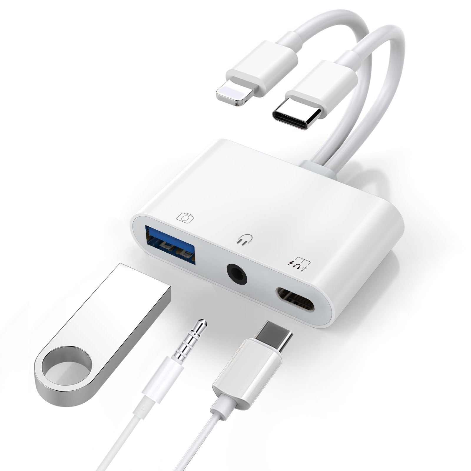 USP Lightning/USB-C to USB Adapter features a USB OTG Port, 3.5mm Headphone Jack & Fast-charging Port, 2 Years Warranty, DPADAC35MM