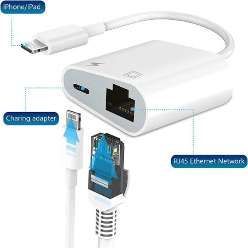 USP 2-in-1 Lightning to RJ45 Ethernet Adapter - White, Dual-Function Utility, Universal iOS Compatibility, 2 Years Warranty, EPALC