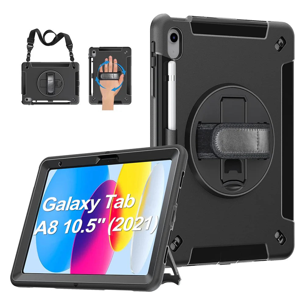 USP Rugged Samsung Galaxy Tab A8 (10.5') Case Black - Built-in-Kickstand, Hand & Shoulder Straps, DropProof, 3 Years Warranty, HDTA8