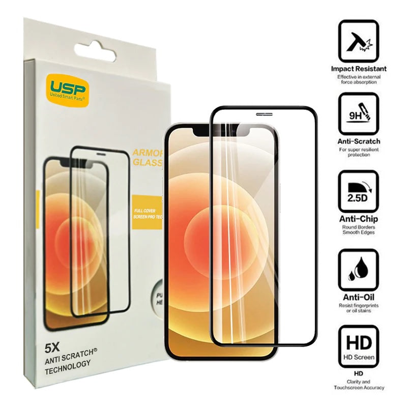 USP Apple iPhone 12 Pro Max (6.7') Armor Glass Full Cover Screen Protector - 9H Hardness, Scratch-Resistance, Anti-fingerprint, 3 Years Warranty, SPUAG127
