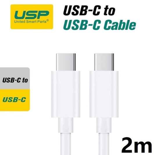 USP USB-C to USB-C Mini Cable (2M) - White, 3A (60W), Fast Charge, High Performance, Samsung Galaxy,Apple iPhone,iPad,MacBook,Google, 2 Years Warranty