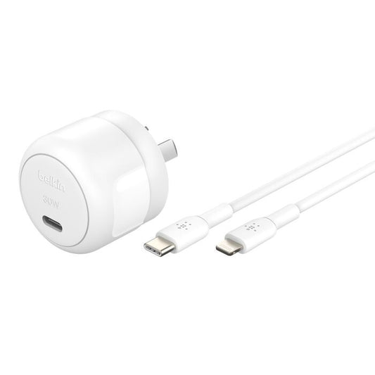 Belkin BoostCharge Compact 30W USB-C (PD 3.1) Wall Charger + USB-C to Lightning Cable - White (WCA008au1MWH-B5), Apple, 2 Years Warranty