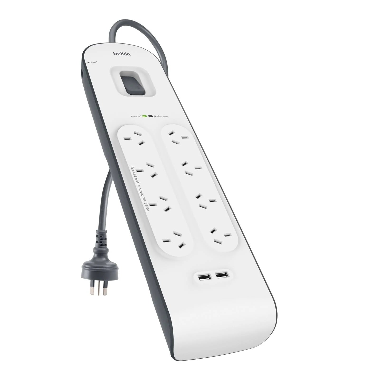 Belkin SurgePlus 8-Outlet Surge Protection Strip With Two (2.4) Amp USB Charging Ports - White (BSV804au2M), 2M Power Cord, 2 Years Warranty