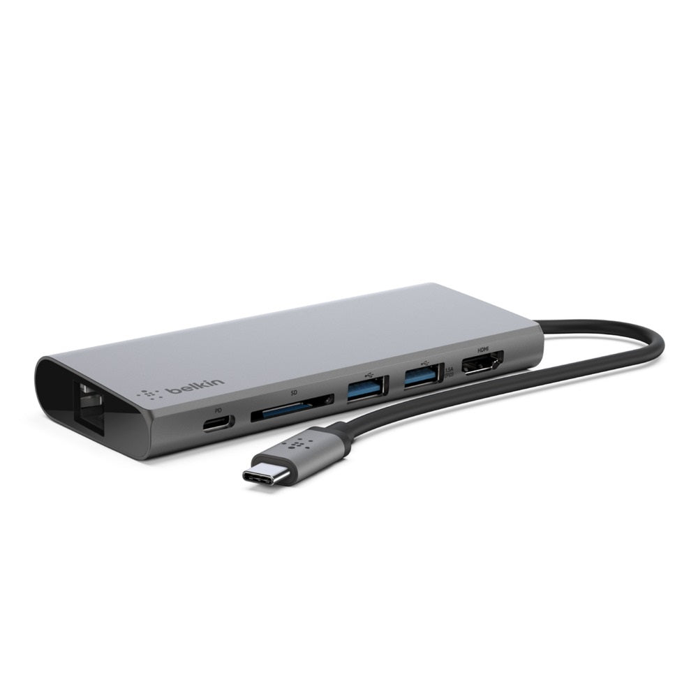 Belkin USB-C Multimedia Hub - (F4U092btSGY), Compact, 60W, 5Gbps, 1x 4K HDMI, 1x USB-C, 2x USB-A, 1x SD Card, 1x Gigabit Ethernet, 2 Years Warranty