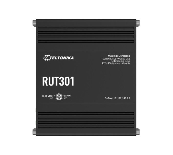 Teltonika RUT301 Industrial Ethernet Router, Rugged Industrial Ethernet Router, 5 Ethernet Ports, 2 Configurable Digital Inputs/Outputs, PSU included, RUT301000500