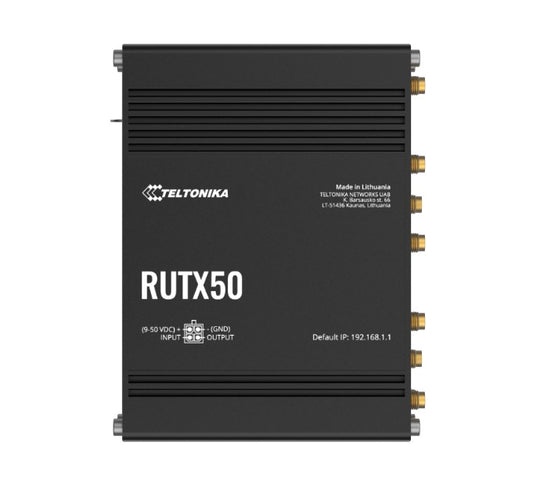 Teltonika RUTX50 Industrial 5G Router, 5G dual SIM cellular, 5x Gigabit Ethernet ports, dual-band WI-Fi, PSU included, RUTX50000200
