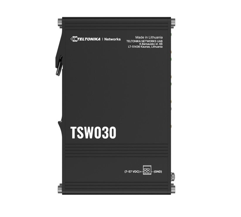 Teltonika TSW030 8-PORT ETHERNET SWITCH, 2-PIN Power Input, 10/100 Mbps, Integrated DIN Rail (Plug&Play Deployment), Supports auto MDI/MDIX crossover, TSW030000000
