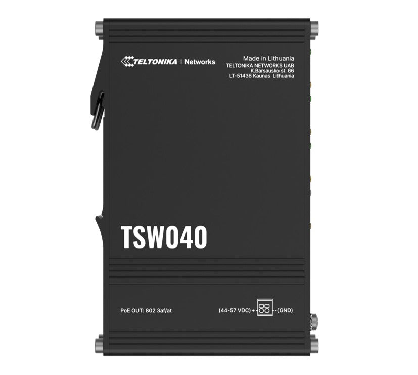 Teltonika TSW040 - 8-port PoE+ Switch (7-57 VDC, or 44-57 VDC for PoE-out) Integrated DIN Rail Bracket - 10/100 Mbps, supports auto MDI/MDIX crossover, TSW040000000
