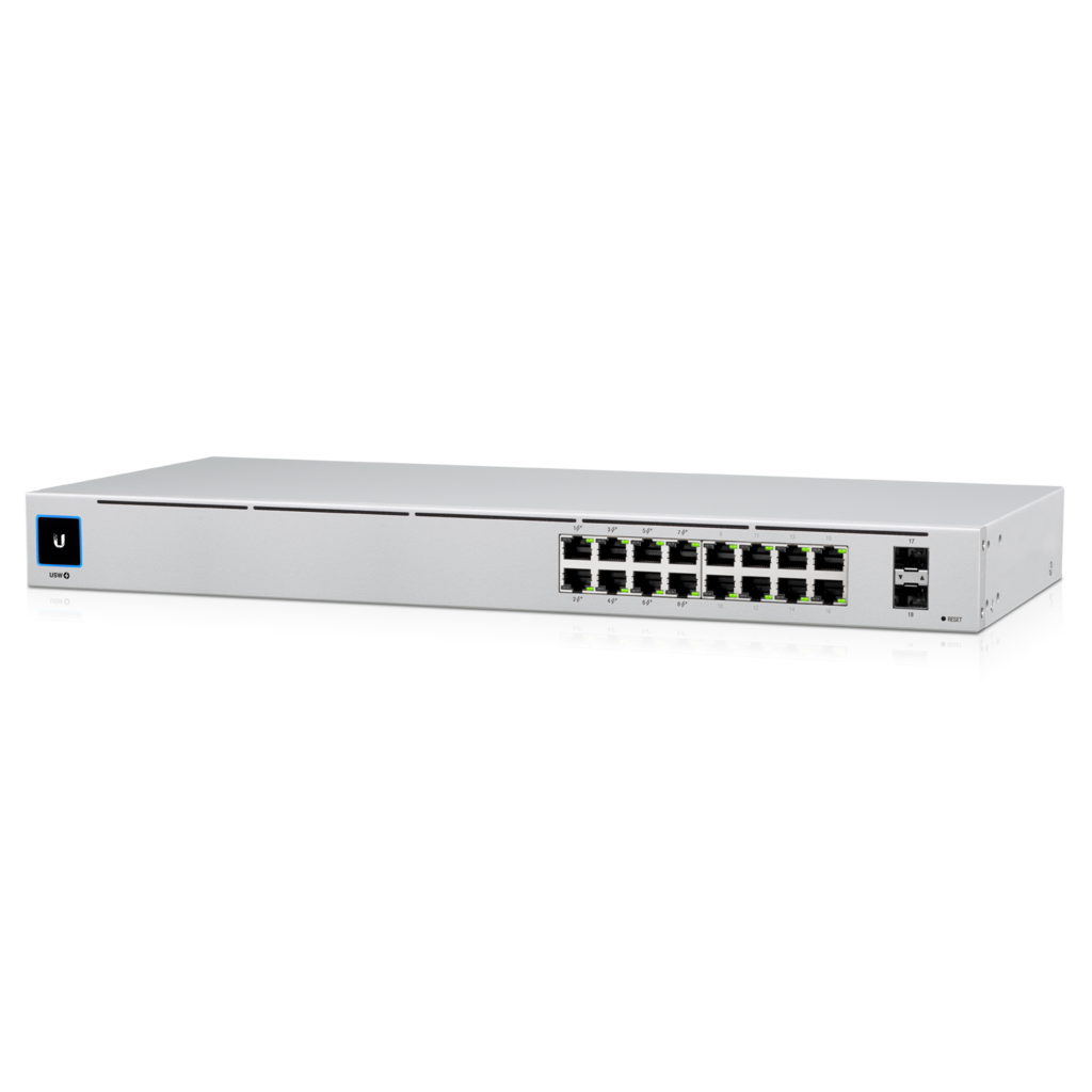 Ubiquiti UniFi 16-port Managed Gigabit Switch - 8x PoE+ Ports, 8x Gigabit Ethernet Ports, 2x SFP , 42W, Touch Display, Fanless , GEN2,, USW-16-POE