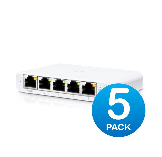 Ubiquiti USW Flex Mini 5 Pack - Managed, UniFi, Layer 2 Gigabit, 5x GbE RJ45 Ports, Power Via PoE (802.3af) /USB Type-C 5V 1A, No PSU,, USW-Flex-Mini-5