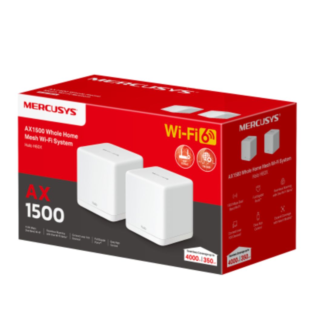 TP-LINK Mercusys Halo H60X(2-pack) AX1500 Whole Home Mesh Wi-Fi 6 System, 300 Mbps at 2.4 GHz , 1201 Mbps at 5 GHz, QoS, IPTV, IPv6, MU-MIMO, Beamforming, Sma