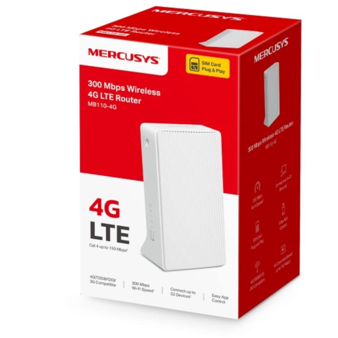 TP-LINK Mercusys N300 N 4G LTE Router, Wireless, 4G network, Cat 4 up to 150 Mbps, LAN/WAN Port, SIM Card Plug and Play, Stable & Strong Signal, WAN Connectio, MB110-4G