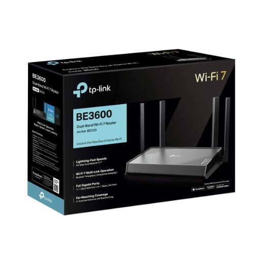TP-Link Archer BE220 BE3600 Dual-Band Wi-Fi 7 Router(WIFI7) 688Mbps 2.4 GHz + 2882 Mbps  5 GHz,  4× external Antennas, 2.0 GHz Quad-Core CPU