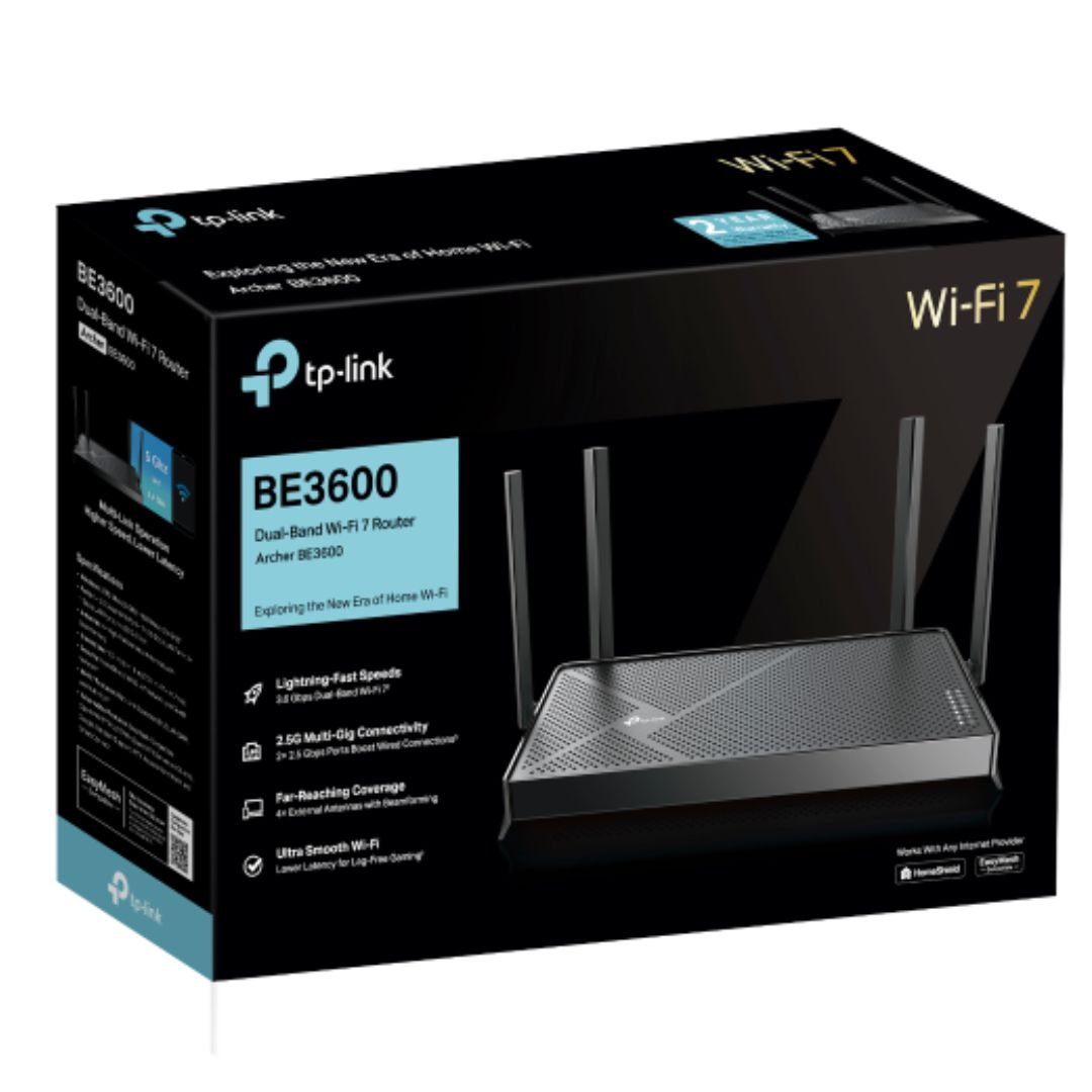 TP-Link Archer BE3600 BE3600 Dual-Band Wi-Fi 7 Router (WIFI7) 1148 Mbps at 2.4 GHz + 4804 Mbps at 5 GHz, 8x Antennas, 2.0 GHz Quad- Core CPU, 1*2.5Gbp